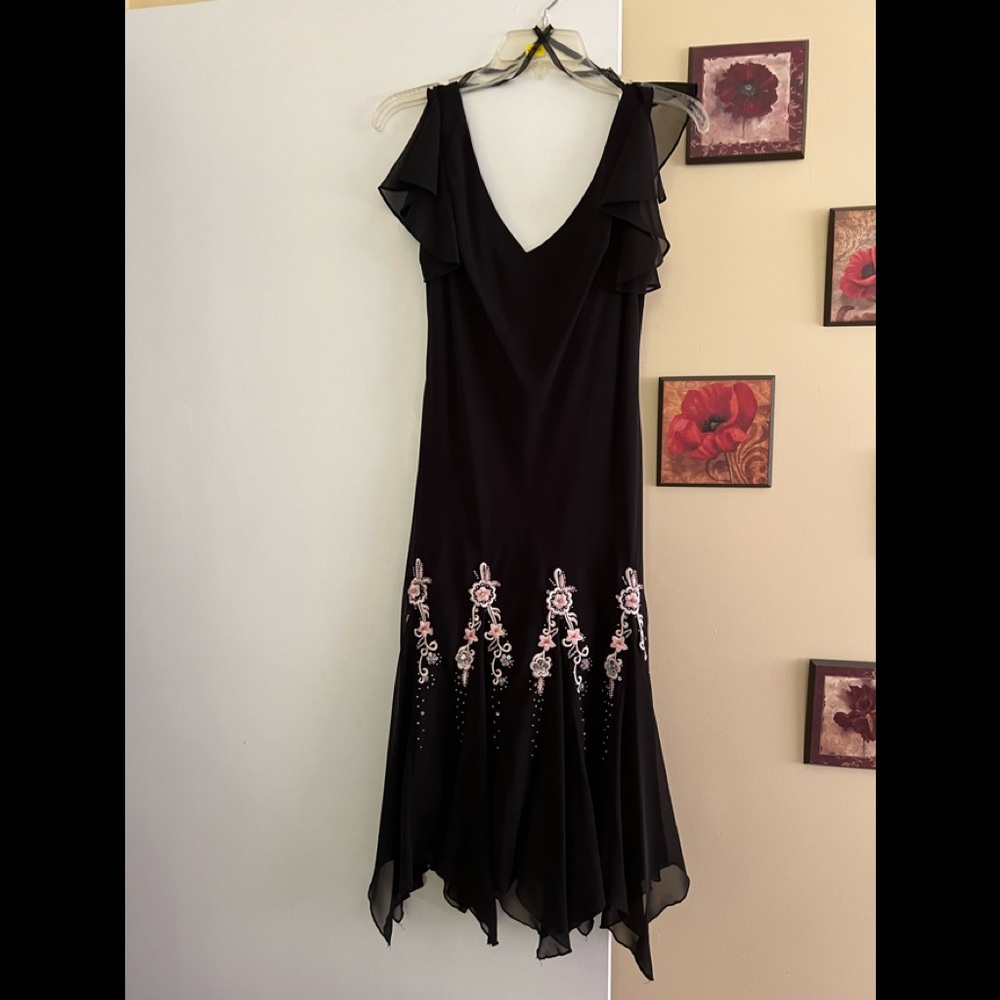 Blk Tea length dress with embroidery.